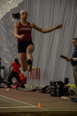 Sophomore Makala Pfefferkorn competing in the UIndy Indoor Track meet on Dec. 3. Pfefferkorn went on to qualify for NAIA Indoor Track and Field Nationals in the women’s triple jump with a jump of 11.48 meters.