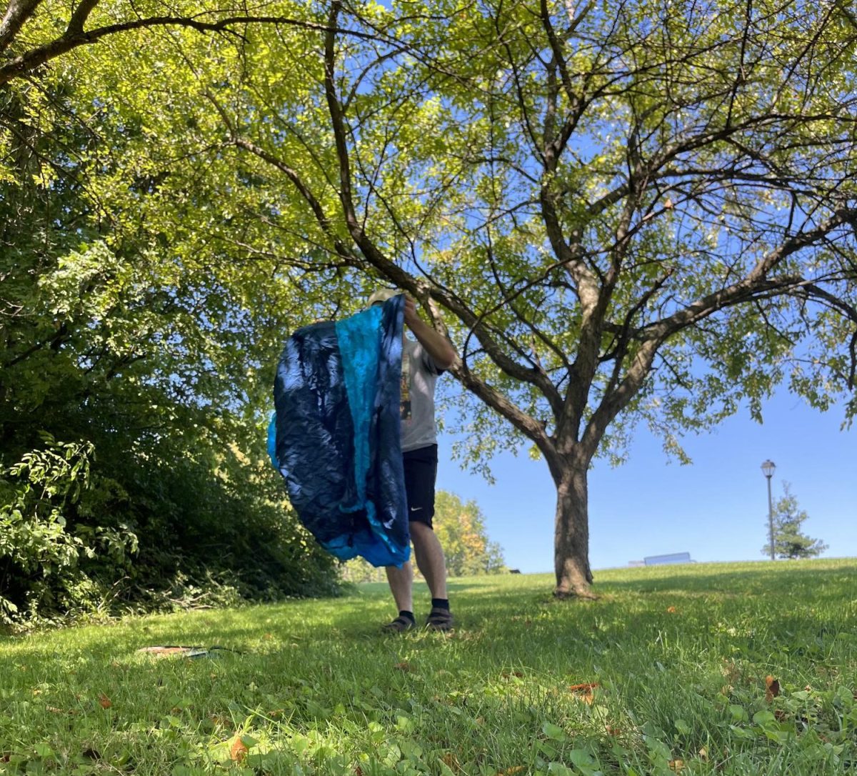 Student setting up hammock at Jackson Morrow Park.